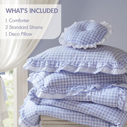 Intelligent Design Rowena Full Comforter Set – Blue Gingham Ruffled Bedding, Vintage Farmhouse Style, Reversible All Season 4-Piece Bedding Set, Full/Queen, Gift for Her Intelligent Design