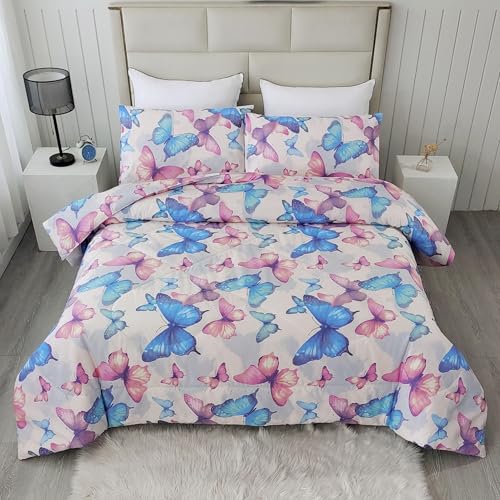 SDIII 3PCS Colorful Butterfly Comforter Set Full, Soft Microfiber Lightweight Full Butterfly Comforter, Butterflies Bedding for Girls Boys Kids Teens SDIII