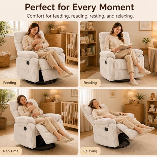Beige Rocking Chair Nursery Recliners, Small Recliner Rocking Chair for Small Spaces, Manual Swivel Glider Recliner for Living Room Bedroom Office, Corduroy，Adjustable Backrest & Footrest (Beige)