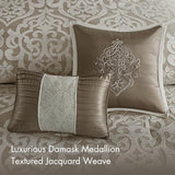 Madison Park Odette Cozy Comforter Set Jacquard Damask Medallion Design - Modern All Season, Down Alternative Bedding, Shams, Decorative Pillows, Cal King(104 in x 92 in), Tan 8 Piece Madison Park