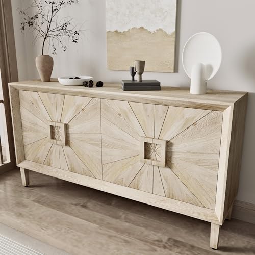 60 Inch Large Sideboard Buffet Cabinet with Storage, Sunburst 4 Door Wooden Accent Cabinet for Living Room Entryway, Mid Century Modern Console, Farmhouse Kitchen Table, Antique Natural Finish ZZKBTOPXY