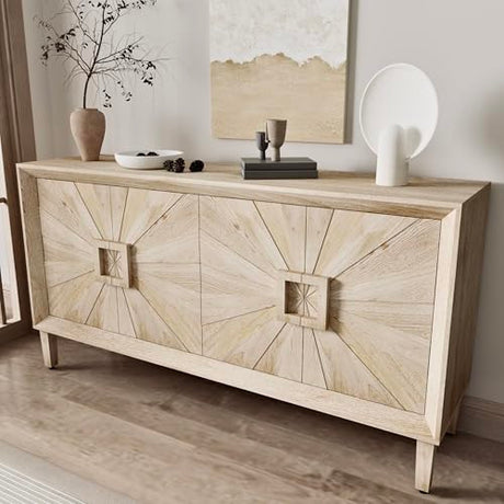 60 Inch Large Sideboard Buffet Cabinet with Storage, Sunburst 4 Door Wooden Accent Cabinet for Living Room Entryway, Mid Century Modern Console, Farmhouse Kitchen Table, Antique Natural Finish ZZKBTOPXY