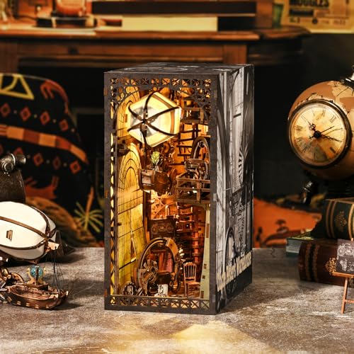 TOYQI Book Nook Kit, Book Nook Kits for Adults, DIY Miniature Dollhouse Kit 3D Wooden Puzzle Booknook Bookend with LED Light