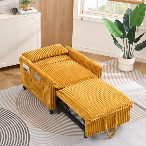 Majnesvon Modern Corduroy Fabric Sofa Bed Futon, 3 in 1 Convertible Pullout Bed Sleeper Couches with 3 Reclining Backrests, Small Sofa Chair Bed for Living Room Bedroom (Yellow) Majnesvon