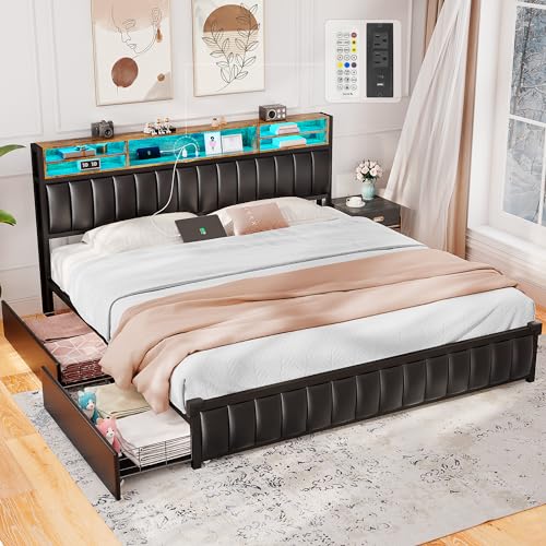 Alohappy King Size Upholstered Bed Frame with 4 Storage Drawers, LED Headboard & USB Charging Station - WoodArtSupply