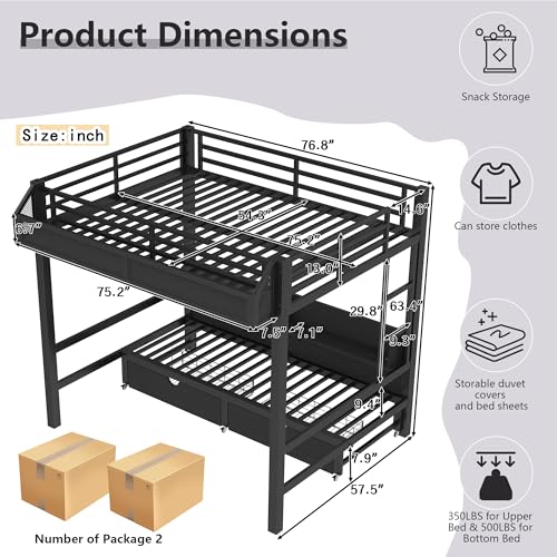 Full over Full Bunk Bed with Storage Drawers and Shelves, Metal Bunk Beds with Lights and USB Ports, Convertible Lower Bunkbed Full for Guest Room, Bedroom, Dorms, Multi-function and Noise-free, Black Bellemave