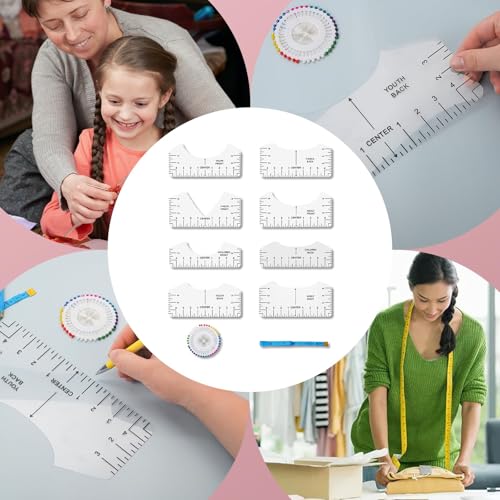 Jiehstu Tshirt Ruler Guide Vinyl Alignment, Transparent V-Neck/Round PVC Ruler for Alignment, Designs Pocket Logo, Fit for Heat Press, Alignment, Children Youth Adult, Front and Back Measurement Jiehstu