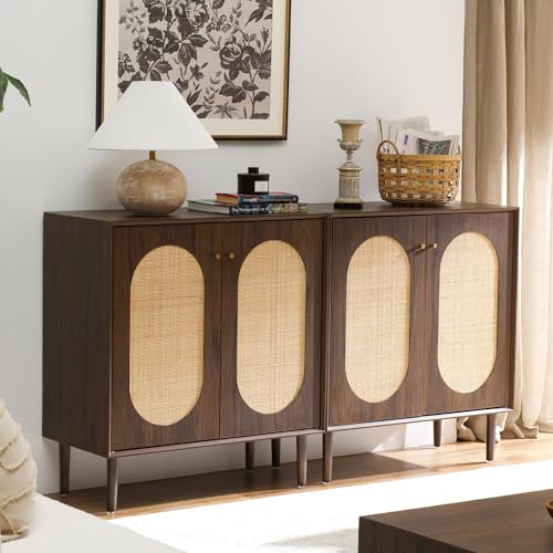 HoeuThien Rattan Sideboard with Storage Modern Kitchen Buffet Accent Cabinet with 2 Doors Wooden Cabinet for Dining Room Entryway Living Room Dark Brown HoeuThien