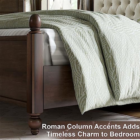 AMERLIFE King Size Solid Wood Bed Frame, Transitional Platform Bed with 52.5" Upholstered Tufted Headboard, Rubberwood/Roman Column Accents/Wood Slat Support/No Box Spring Needed AMERLIFE