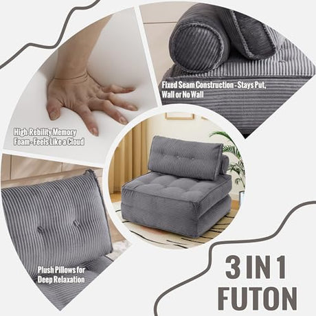 VIKAYAMICS Folding Sofa Bed Convertible Sleeper Chair 33" with Pillow Futon Boneless Couch with Back Support Small Couch for Living Room(Grey) VIKAYAMICS