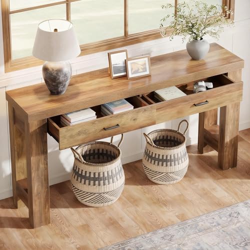 Tribesigns 63" Farmhouse Console Table with Drawers, Sofa Entryway Table for Hallway, Living Room, Countryside Narrow Console Furniture, Brown Tribesigns