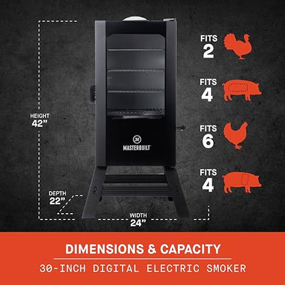 Masterbuilt® 30-inch Digital Electric Vertical BBQ Smoker with Leg Kit, Side Wood Chip Loader and 710 Cooking Square Inches in Black, Model MB20070421