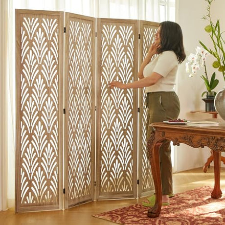5.6Ft Room Divider Folding Wood Simple Carved Partition Screen for Home Office Garden - 4 Panels (Natural) Svimi