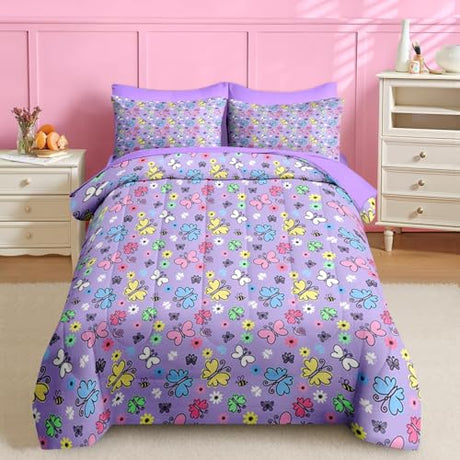 Nesker 5 Pcs Comforter Set Twin Size, Colorful Butterfly Bedding for Kids Teen, Cute Cartoon Flowers Bed Sheet with Pillowcase & Sham Nesker