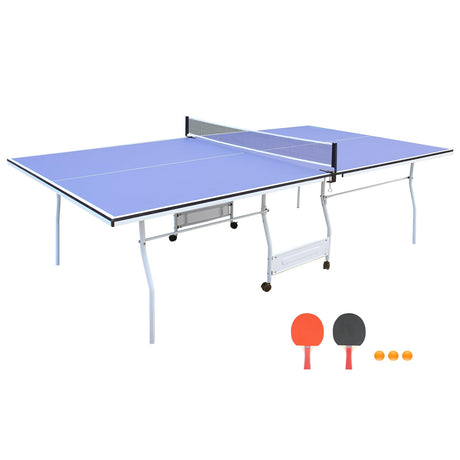 9Ft Mid-Size Table Tennis Table Foldable & Portable Professional MDF Ping Pong Table Set for Indoor Games Quick Clamp Ping Pong with Net, 2 Table Tennis Paddles and 3 Balls Blue Hipicute