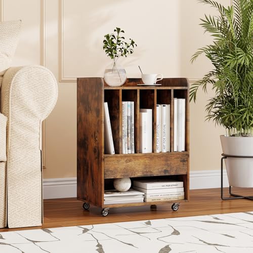 LOKO Record Player Stand On Wheels, Rolling Turntable Stand with 5 Compartments, Drawer & Open Shelf, Vinyl Display Shelf Storage Cabinet for Living Room, Bedroom, Study (Rustic Brown, 21" x 14") LOKO