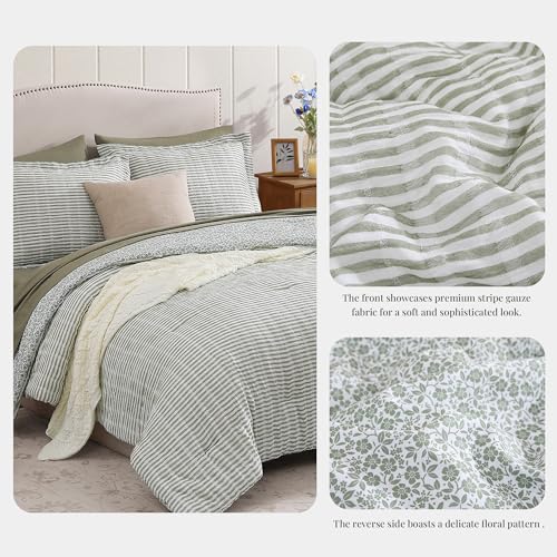 BLOOMHAVEN Queen Comforter Set - 7 Pieces Green Gauze Muslin Bedding Sets for All Seasons, Lightweight Breathable Bed in a Bag Queen with Revesible Farmhouse Comforter, Sheets, Pillowcases & Shams BLOOMHAVEN