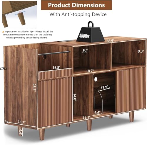 fineway Large Record Player Stand with Power Outlets & LED Lights, Record Player Table Cabinet with Vinyl Record Storage Holds up to 500 Albums, Turntable Stand for Living Room, Bedroom fineway