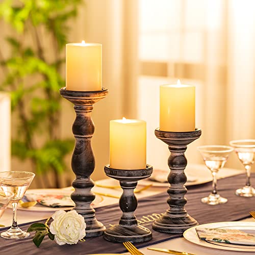 Wooden Candle Holders for Pillar Candles - Tall Rustic Candle Holder (Set of 3), Large Farmhouse Candle Holders Candle Stand, Pillar Candle Holder Set for Table Centerpiece, Fireplace, Home, Black Inweder