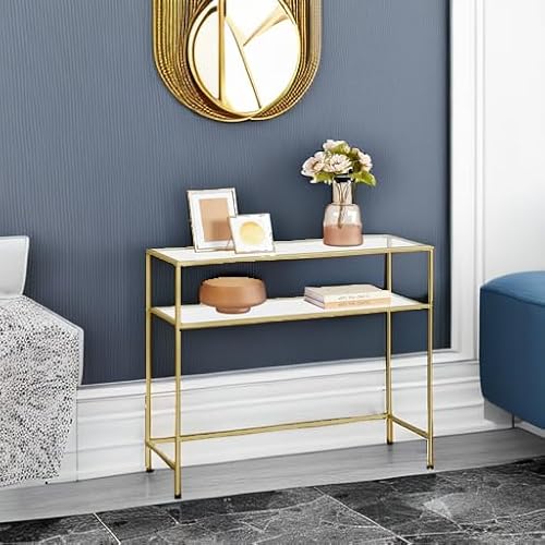 VASAGLE 39.4 Inch Console Sofa Table, Modern Entryway Table, Tempered Glass Table, Metal Frame, 2 Shelves, Adjustable Feet, for Living Room, Hallway, Gold Color ULGT025A01 VASAGLE