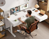 OffiGo L Shaped Electric Standing Desk with Wooden Drawers, 55 Inch Height Adjustable Corner Workstation with Power Outlets, Sit Stand Table for Home, Office, White OffiGo