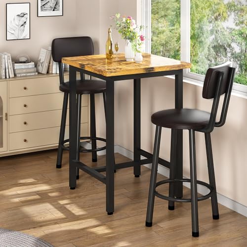 Recaceik 3 Piece Pub Dining Set, Modern bar Table and Stools for 2 Kitchen Counter Height Wood Top Bistro Easy Assemble for Breakfast Nook Living Room Small Space Restaurant, Rustic Brown 24” Recaceik