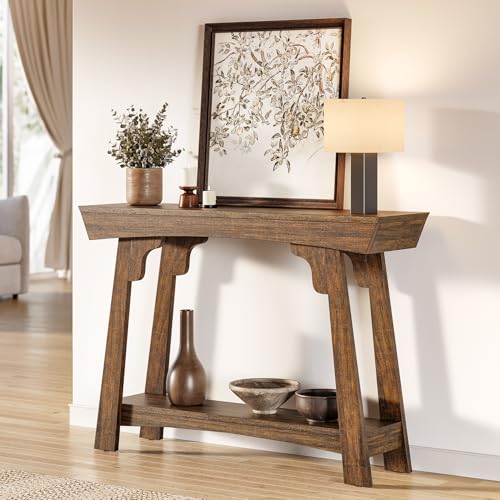 LITTLE TREE 2-Tier Wood Console Table Behind Couch, Small Entryway Table with Storage, Farmhouse Narrow Sofa Table for Hallway, Living Room, Rustic Brown LITTLE TREE