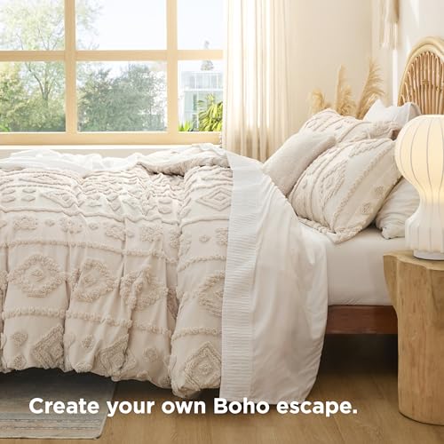 Bedsure Boho Duvet Cover Queen Size - Beige Tufted Boho Bedding, Farmhouse Shabby Chic Embroidery Bedding for All Seasons, 3 Pieces, 1 Soft Jacquard Queen Comforter Cover and 2 Pillow Shams Bedsure