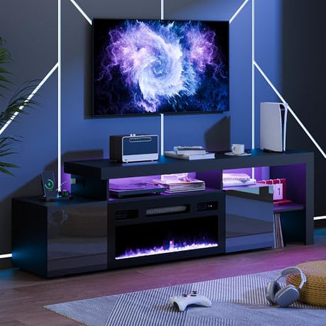 Cozy Castle 73.2 Inch Fireplace TV Stand with Storage,30" Electric Fireplace,LED Entertainment Center Tv Console for 65 70 80"Tv,High Gloss Modern Tv Stand with Charging Station for Living Room,Black Cozy Castle