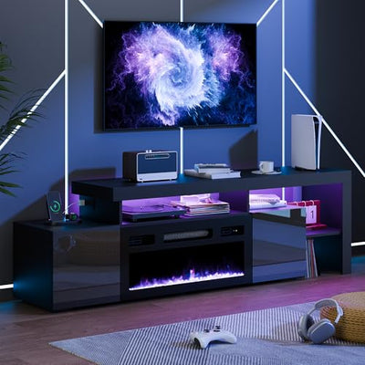 Cozy Castle 73.2 Inch Fireplace TV Stand with Storage,30" Electric Fireplace,LED Entertainment Center Tv Console for 65 70 80"Tv,High Gloss Modern Tv Stand with Charging Station for Living Room,Black