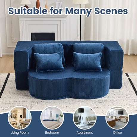 Orynveela Convertible Folding Sofa Bed, 78” Full Size Floor Sleeper Couch, Chenille Full Foam Futon Loveseat for Living Room Bedroom, No Assembly Required (Deep Blue) Orynveela
