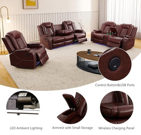 Ocstta Breathing Leather Power Recliner Sofa Set, Reclining Couch Set with LED Light/Cup Holders/Storage, 3 Piece Living Room Set 3 Seat Sofa Loveseat and Chair for Home Theater (Auburn) Ocstta