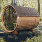 AURGOD Outdoor Barrel Canadian Hemlock Sauna with Porch, Wood Burning Stove Sauna with Large Glass Windows for 4 Person, Scenic Porch, Wood Fire Sauna, Luxurious Texture AURGOD