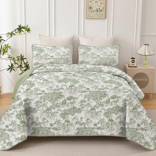WONGS BEDDING Botanical Quilt Set Full Size, Sage Green 3 Pieces Toile Floral Plants Printed Bedspread Bedding Set Soft Lightweight Microfiber Coverlet Set for All Season (90"x78") WONGS BEDDING