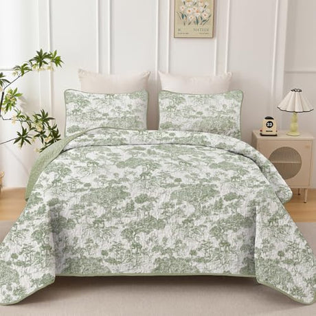 WONGS BEDDING Botanical Quilt Set Full Size, Sage Green 3 Pieces Toile Floral Plants Printed Bedspread Bedding Set Soft Lightweight Microfiber Coverlet Set for All Season (90"x78") WONGS BEDDING