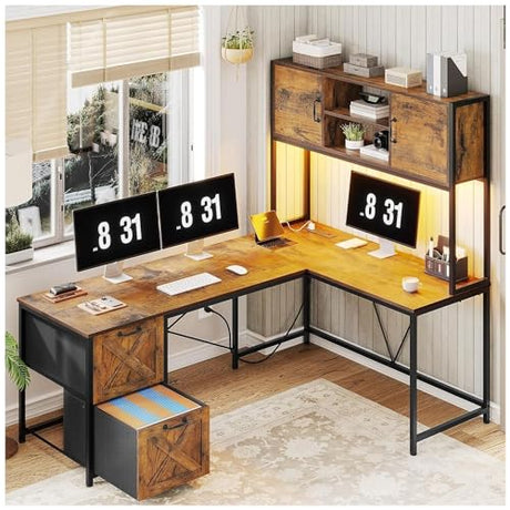 Saranya 18 Shop New Rustic Brown 86.6" L Shaped Desk Computer Two Person Shelf Cabinet File Drawer Storage Shelves Led Lights Reversible Office Study Home 62.2”L x 18.9”W x 65”H of WoodArtSupply