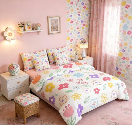 Feelyou Cute Flower 7 Piece Bedding Set Colorful Floral Comforter Set with Sheets for Kids Boys Girls Cartoon Hand-Drawn Bed in a Bag Botanical Decor Bed Set Soft Lightweight Feelyou