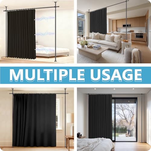 JILRON No-Drill Room Divider Curtain Set: Includes 106" W x 84" L Black Curtain & Adjustable Pole Brackets (35-100" W x 43-120" H Adjustable Range) Jilron