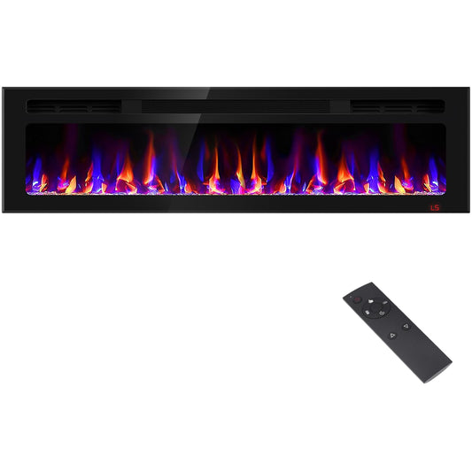 60 Inch Electric Fireplace Recessed and Wall Mounted, Fireplace Heater and Linear Fireplace, Ultra-Thin Electric Fireplace, Low Noise, with Timer, Remote Control, Adjustable 12 Flame Color, 750/1500W