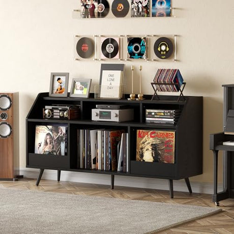 55 Inch Record Player Stand with LED Light, Modern Vinyl Record Storage Cabinet with 2 Drawers & Open Shelves, Holds up to 500 Albums, Turntable Stand w/Charging Station for Living Room Bedroom Black ONBRILL