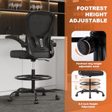 Ergonomic Drafting Chair, Tall Office Chair with Flip-up Armrests, Breathable Mesh High Desk Chair with Lumbar Support Adjustable Footrest Ring for Standing Desk Black Synorla