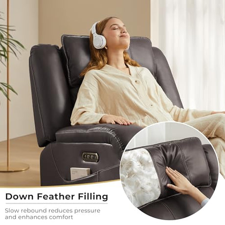 SITJOY Pet Friendly Leather Power Recliner Chair, Zero Wall Hugger RV Recliners with Power Headrest, Charging Ports, Side Pockets, Down-Filled, Scratch Resistant Waterproof Faux Leather in Dark Brown SITJOY