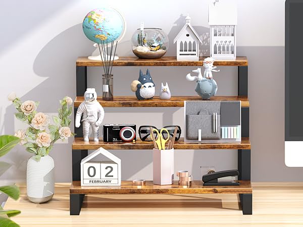 ELITEROO Wood Display Riser Stand, Wooden 4-Tier Retail Display Rack, Tiered Widened Display Stands Organizer, Open Display Shelf Table Top Counter Shelves for Cupcake Liquor Bottle Spice Perfume ELITEROO