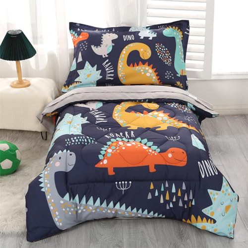 Wowelife Toddler Bedding Sets for Boys Premium 4 Piece Dinosaur Toddler Comforter Set Blue Grey Bed Set, Super Soft and Comfortable for Toddler(Dark Blue) Wowelife