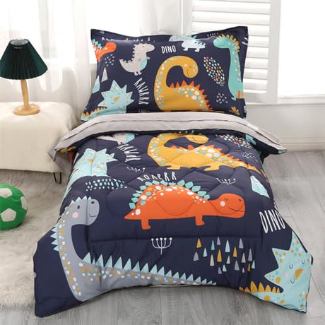 Wowelife Toddler Bedding Sets for Boys Premium 4 Piece Dinosaur Toddler Comforter Set Blue Grey Bed Set, Super Soft and Comfortable for Toddler(Dark Blue) Wowelife