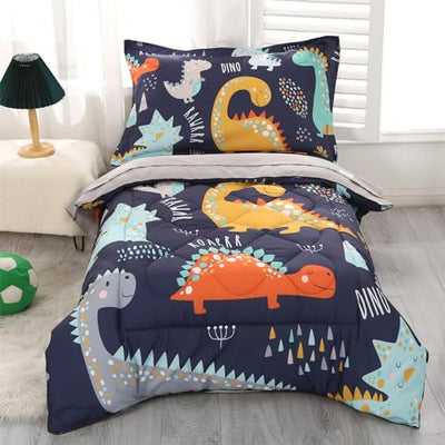 Wowelife Toddler Bedding Sets for Boys Premium 4 Piece Dinosaur Toddler Comforter Set Blue Grey Bed Set, Super Soft and Comfortable for Toddler(Dark Blue)