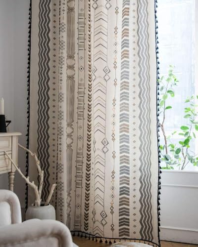 ColorBird Boho Curtains 108 Inches 2 Panels Semi-Blackout Black and White Curtains Cotton Linen Darkening Curtains with Black Tassel Rod Pocket Drapes for Living Bedroom, 59W x 108L Inch, 1 Pair ColorBird