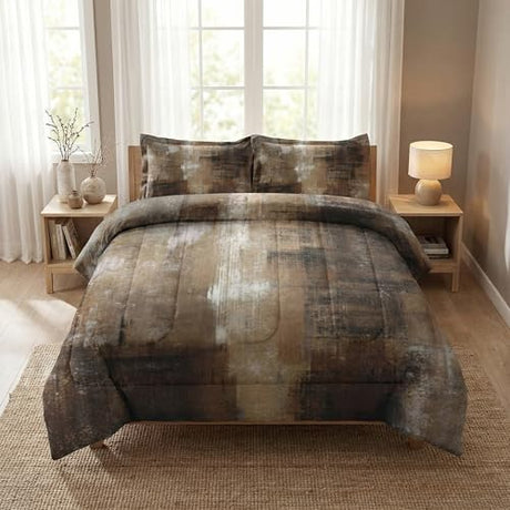 WeCozy Queen Size Comforter Set with 2 Pillowcases, Brown Grey Painting 3 Pcs Bedding for Kids and Adults, Beige Contemporary Soft Comforter Set for Bedroom Bed Decor WeCozy