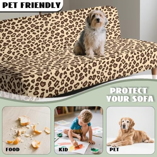 Garucesta Futon Cover with Elastic Bottom Armless Sofa Covers Non Slip Washable Couch Slipcover Scratch-Resistant Futon Sofa Slipcover for Dogs Cats, Leopard Print Beige Garucesta