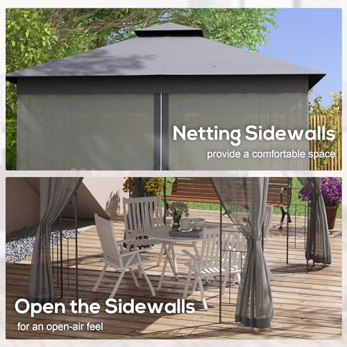 Outsunny 10' x 11.5' Metal Patio Gazebo, Double Roof Outdoor Gazebo Canopy Shelter with Tree Motifs Corner Frame and Netting, for Garden, Lawn, Backyard, and Deck, Gray Outsunny